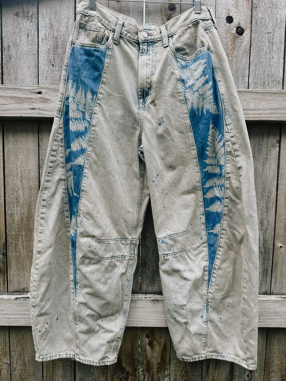one of one botanical barrel jean | women’s size 28 | upcycled sunprint denim